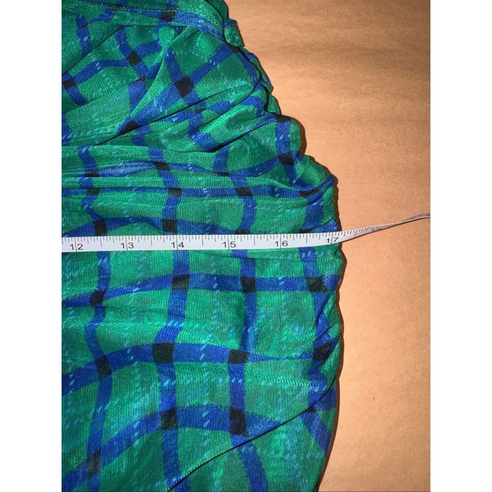 Simon Miller Sz M Kinny Ruched Plaid Mesh Midi Dress Anthropologie Green Blue - Picture 8 of 12